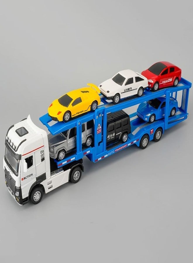 KING FORU Die-Cast Car Carrier Truck Toy Set with 6 Vehicles, Lights and Sounds, 36 cm Transport Trailer with Pull-Back Action - Image 1